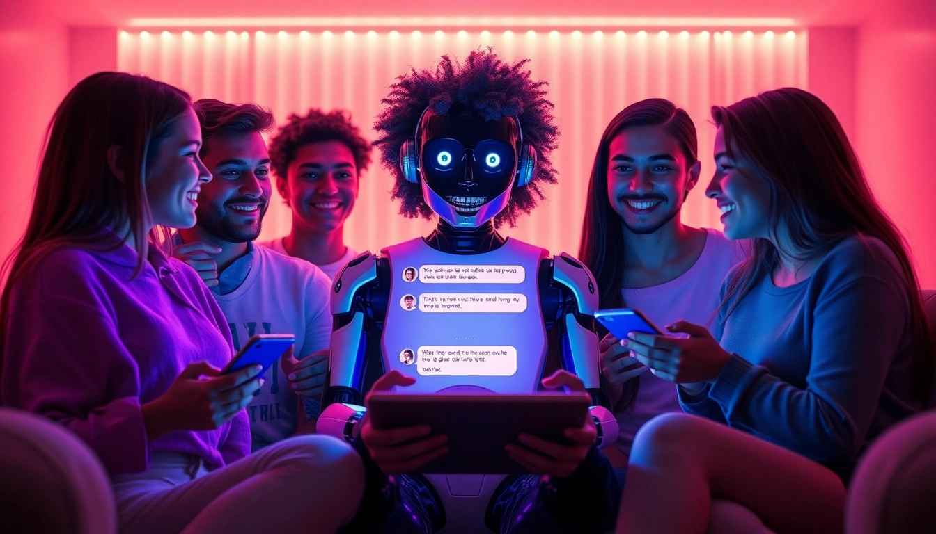 Engaging scene of ai sexting interactions between a chatbot and young adults, showcasing playful dialogue and technology.