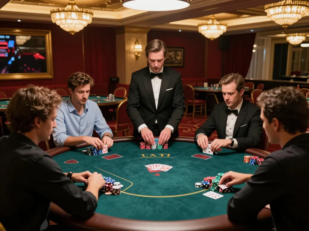 Players strategizing at an f168 poker table amidst a luxurious casino atmosphere