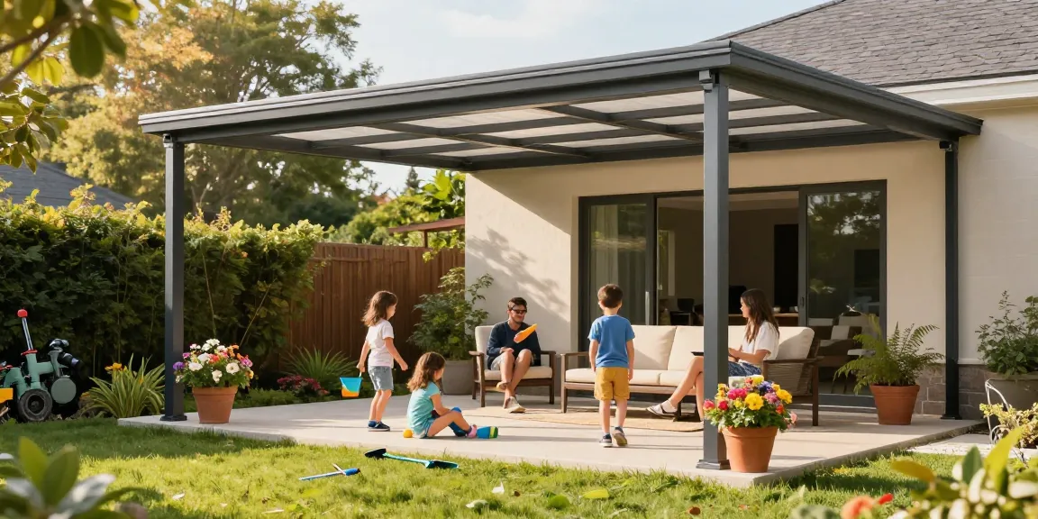 Terrassenüberdachung freistehend in einem einladenden Garten, Familie genießt den sonnigen Tag unter einem stilvollen Aluminiumdach.