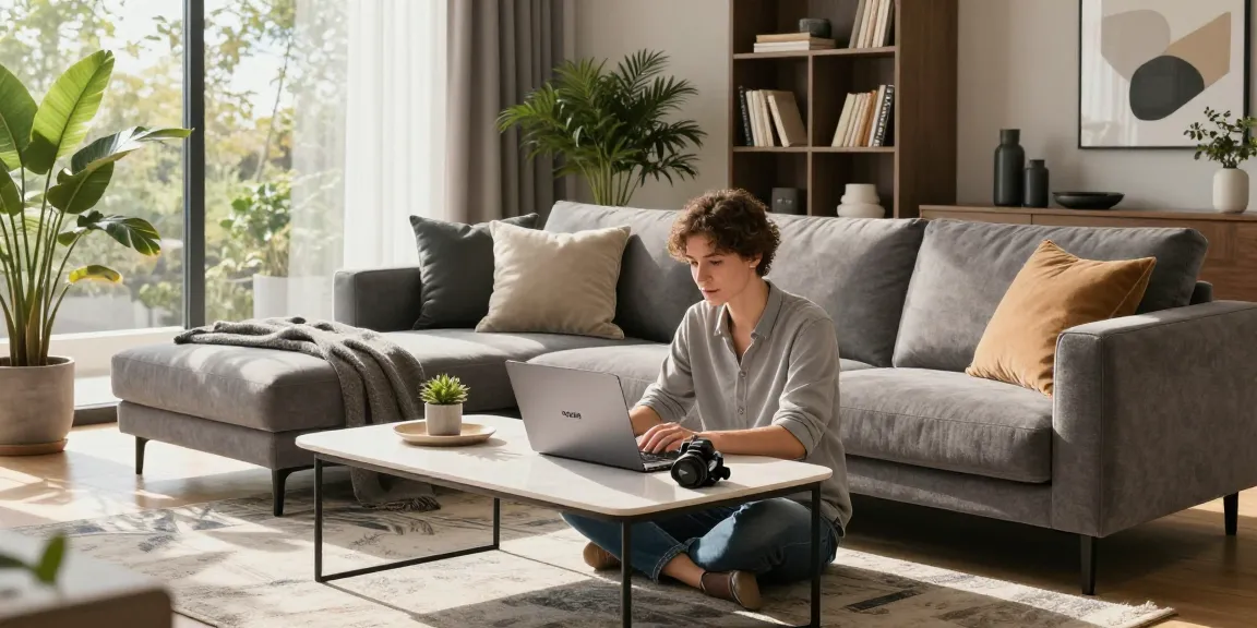 Wohnzimmer mit stylischem Sofa und einer Person, die wohnmöbel online kaufen für Inspiration zur Wohnraumgestaltung durchstöbert.