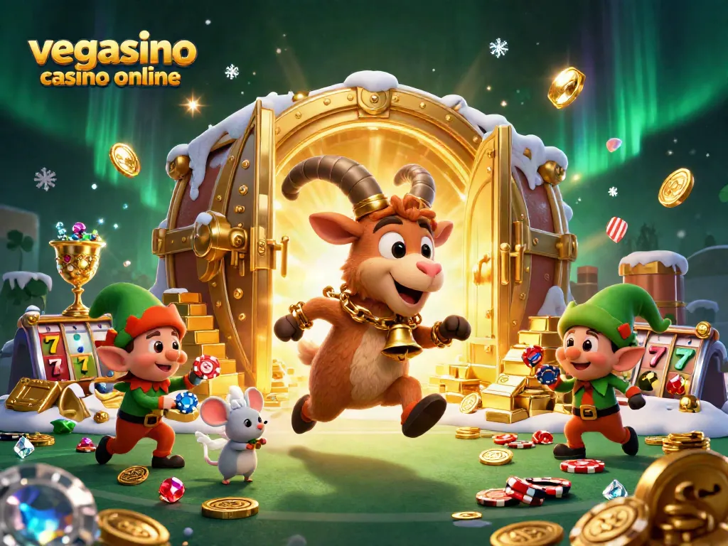 Experience the thrills at a vegasino casino online with festive characters amidst a lively gaming scene.