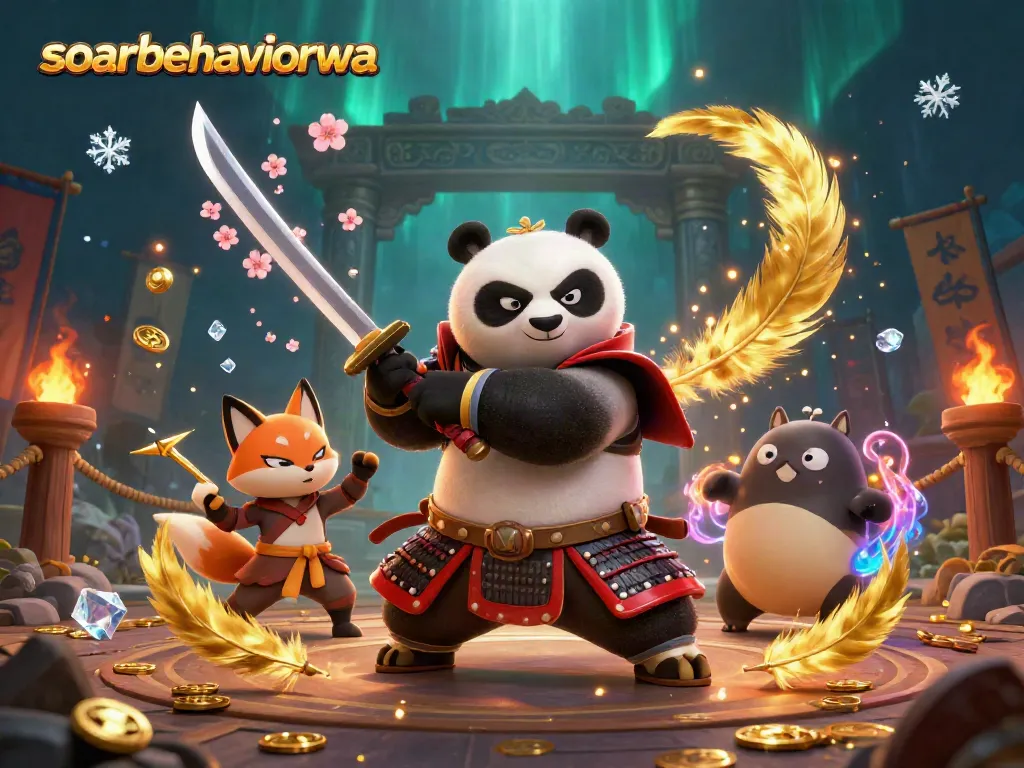 Engage in thrilling slots action at soarbehaviorwa with an energetic casino-themed scene featuring a panda samurai and more.