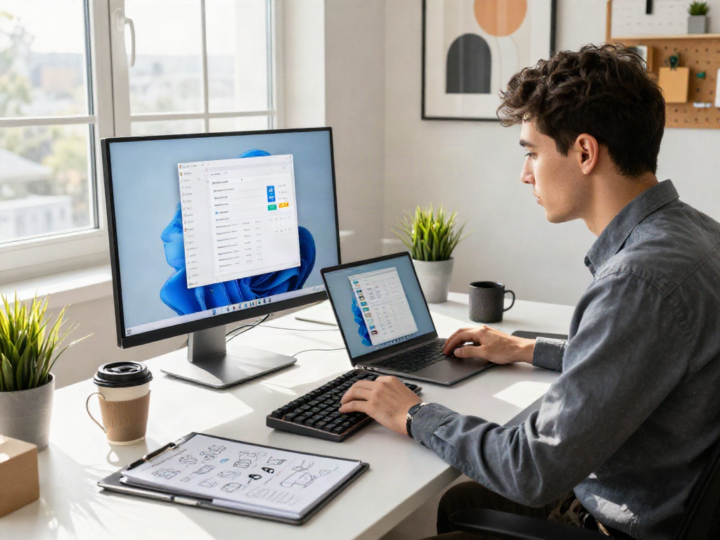 Windows 11 Pro auf Laptop in modernem Büro, produktiver Arbeitsplatz mit natürlichem Licht