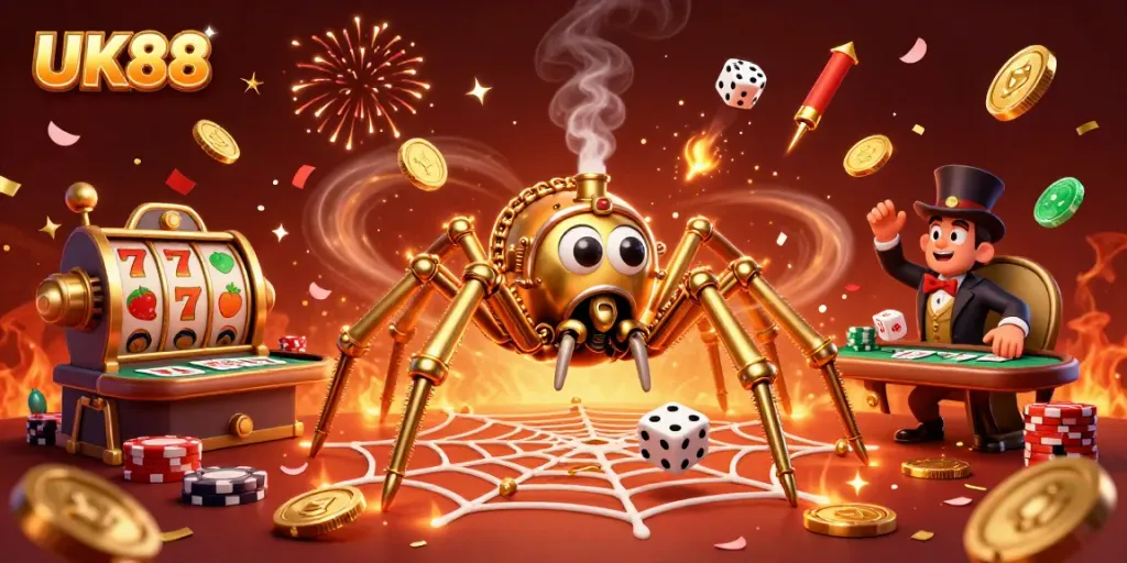 Experience UK88's gambling thrill with dynamic 3D steampunk casino visuals featuring poker chips and celebratory elements.