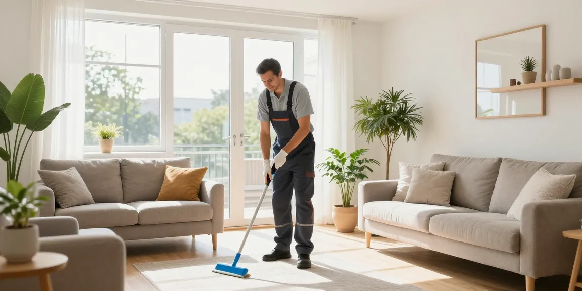 Professional cleaner performing wohnungsendreinigung bern in a bright modern living room.
