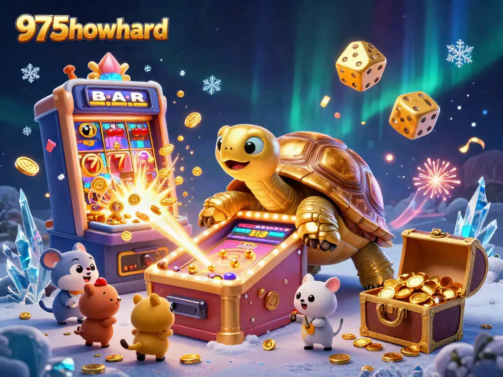 Experience thrilling gameplay at 975howard with cartoon tortoise, dazzling slots, and golden treasures!