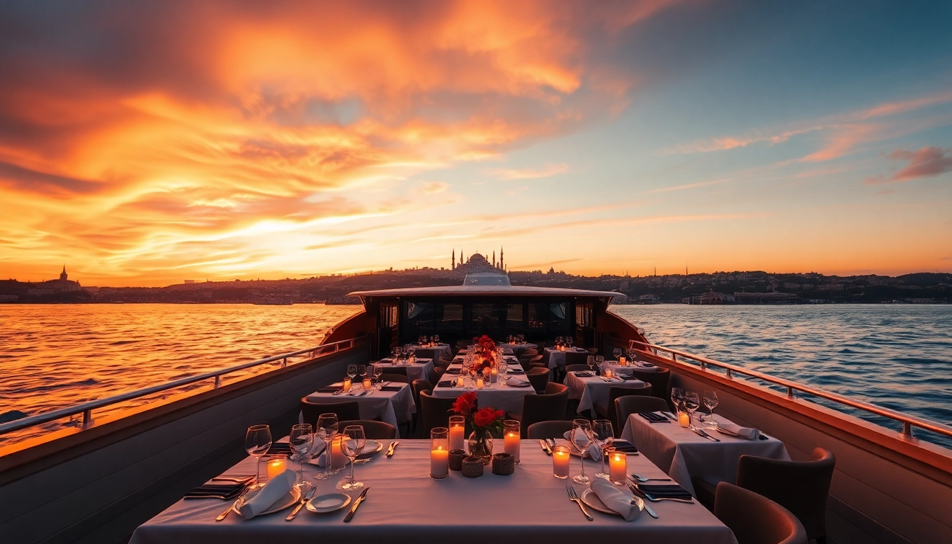 Bosphorus dinner cruise with elegantly set tables and stunning views of Istanbul bei Sonnenuntergang