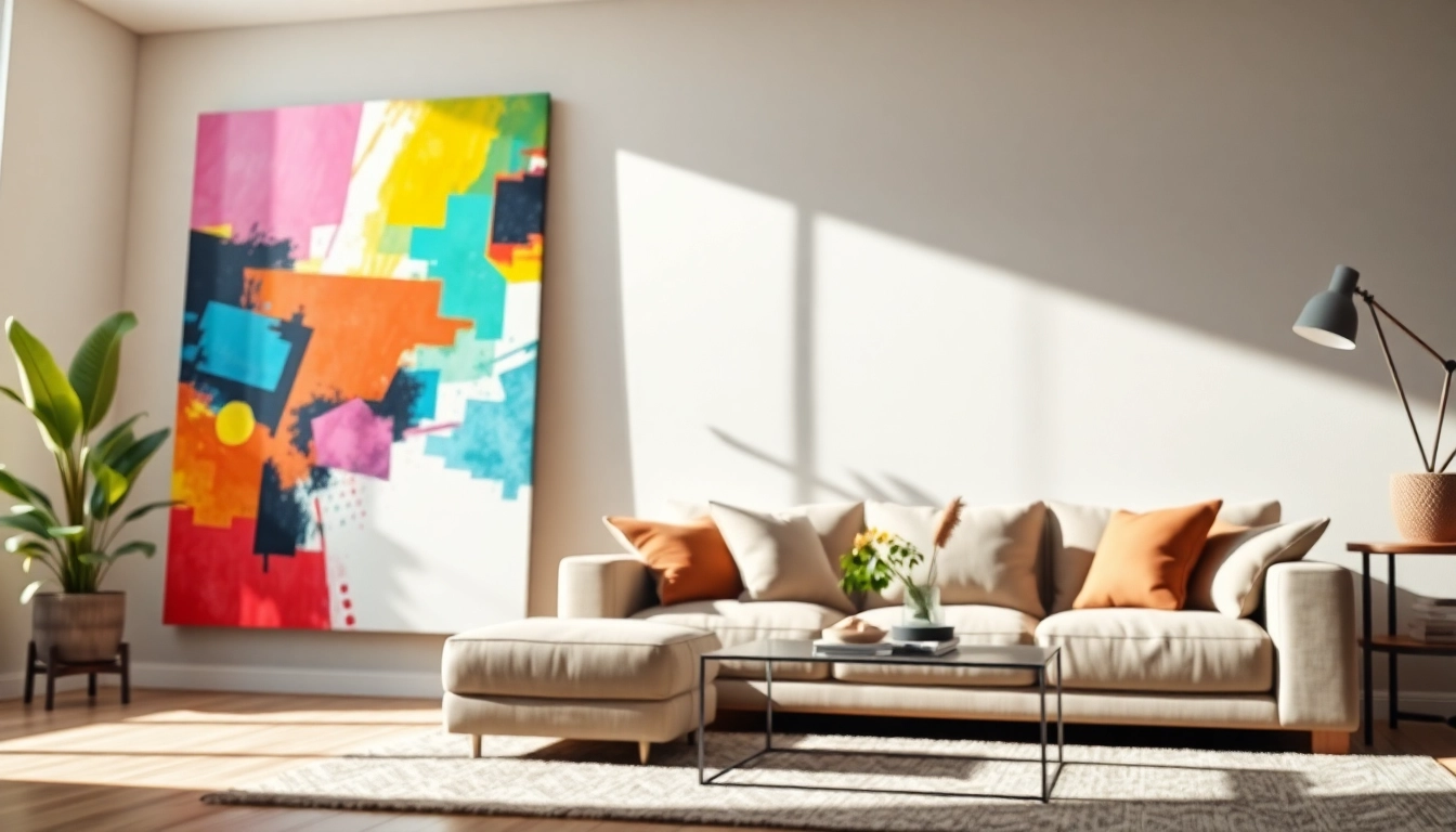 Moderne wandbilder in einem stilvollen Wohnraum mit lebhaften Farben.