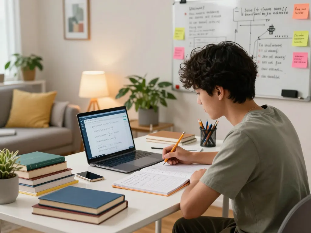Student, der Hausaufgaben KI kostenlos in einem gut organisierten Heimbüro für Hausaufgaben verwendet.