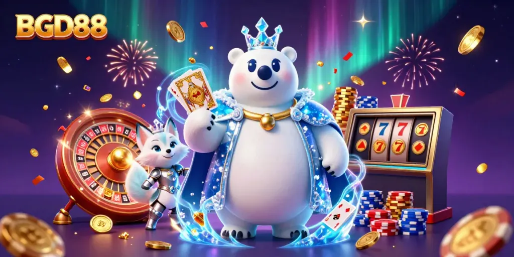 BGD88 engages players with a vibrant casino scene featuring a frost-covered polar bear and snow fox amidst dynamic game elements.