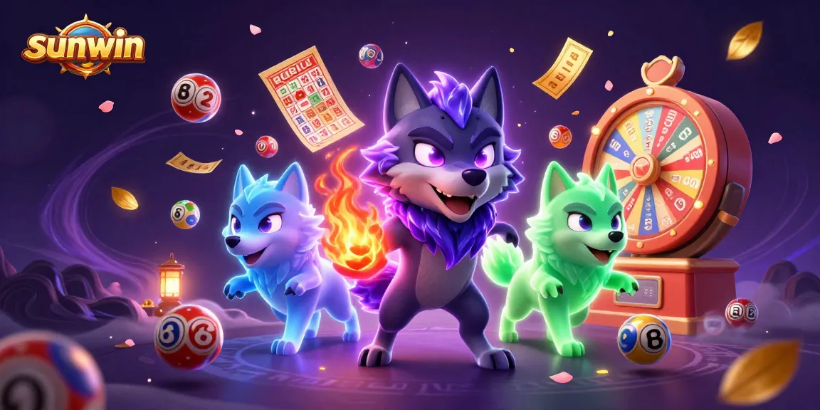 Sunwin presents an enchanting 3D cartoon scene with ghostly wolves surrounded by colorful lottery elements.