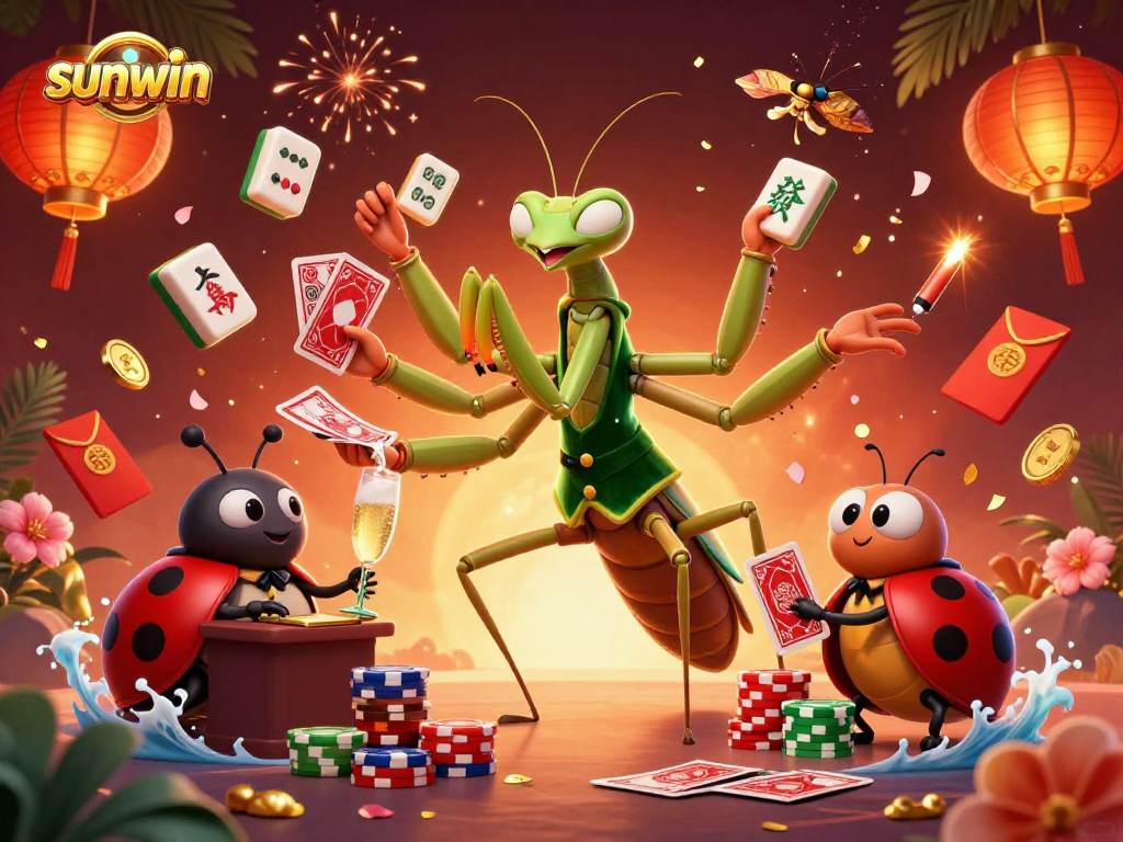 Experience the vibrant sunwin casino scene with a giant praying mantis dealer and interactive gaming elements.