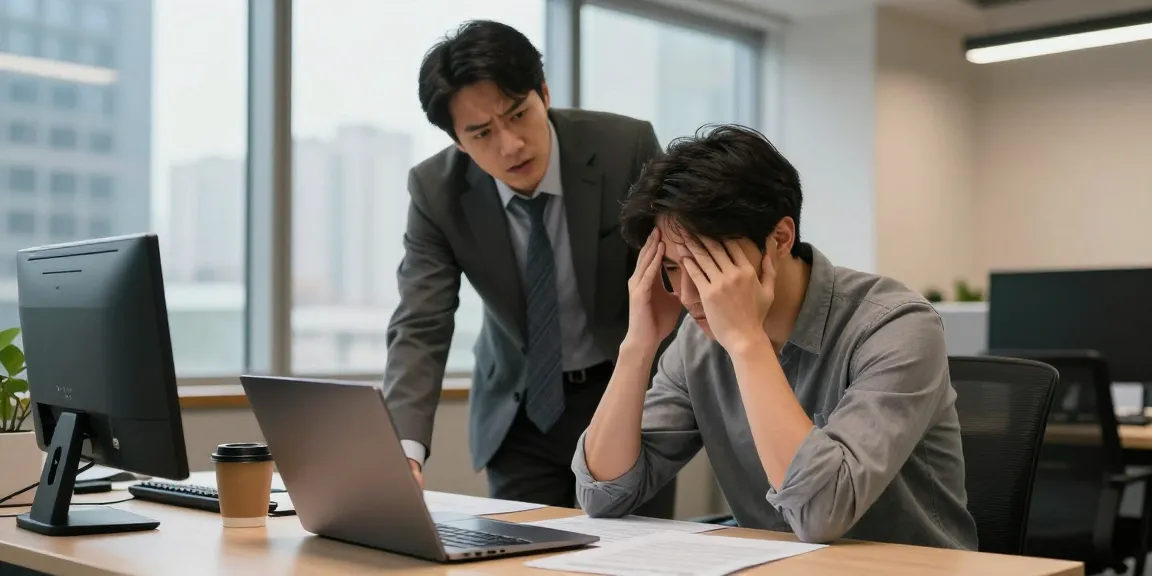 Stress mit Chef: Angestellter zeigt Anzeichen von Druck während des Feedbacks im Büro.