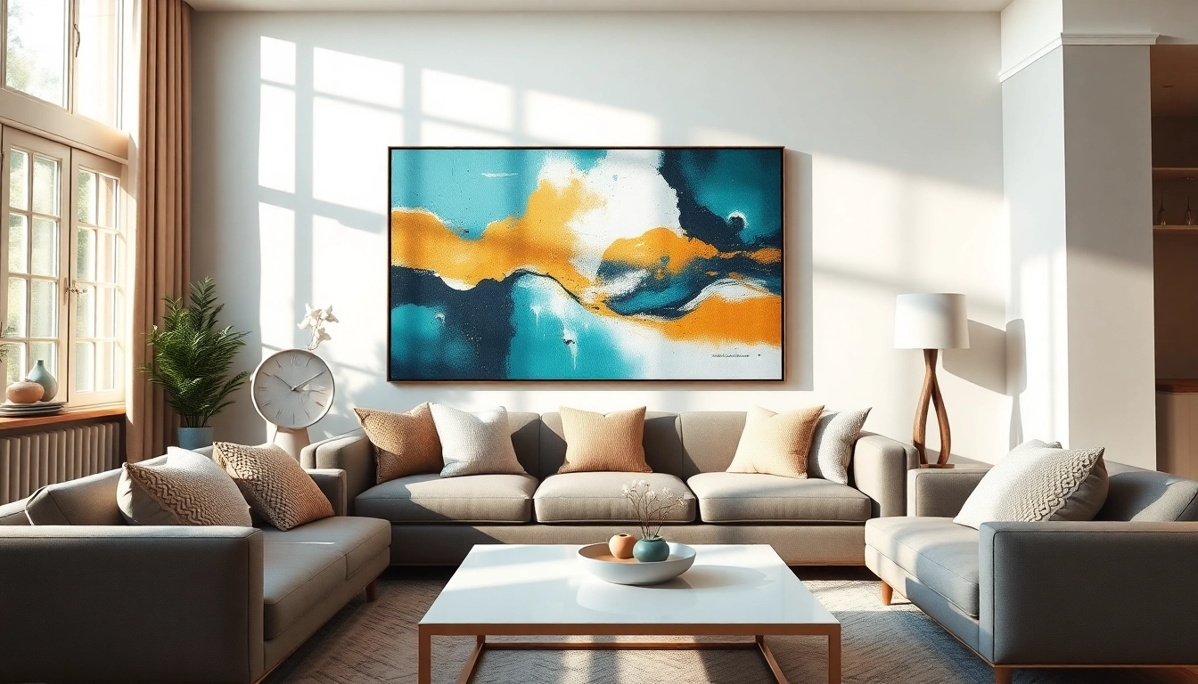 Moderne wandbilder in einem stilvollen Wohnraum mit natürlichem Licht und eleganter Einrichtung.