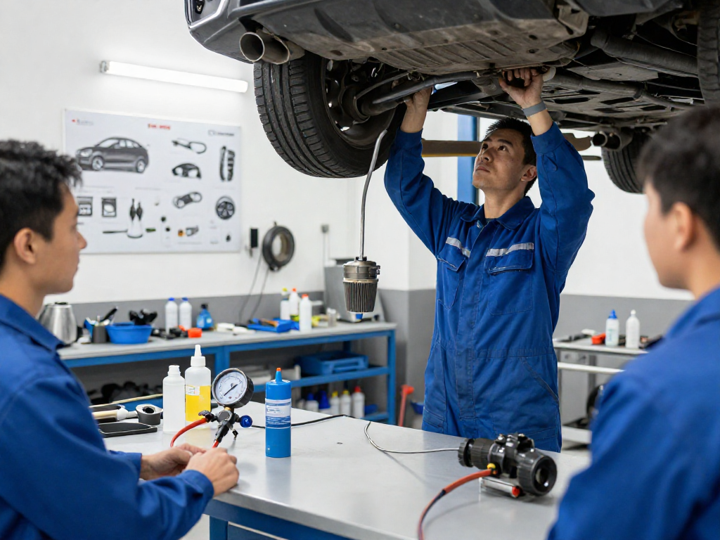 DPF Reinigung Laatzen: Techniker arbeitet an einem Fahrzeug in einer modernen Werkstatt mit spezialisierten Werkzeugen.