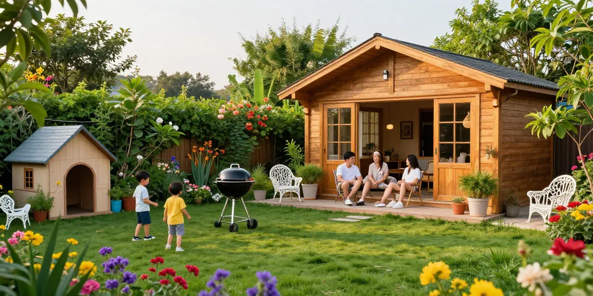 Hübsches Gartenhaus von McGarden24 umgeben von blühenden Pflanzen und einer Familie, die entspannt.