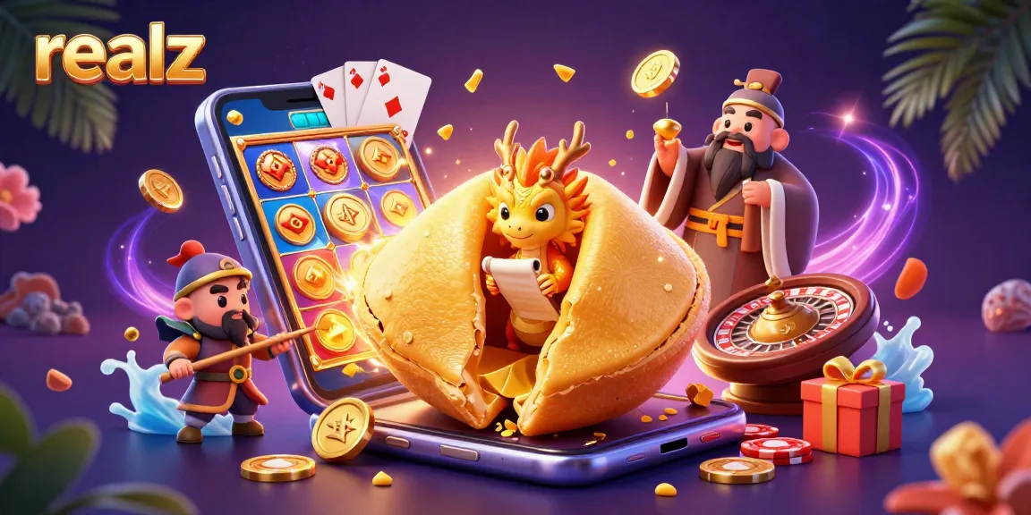 Engage with realz in a vibrant casino scene featuring a golden fortune cookie and interactive gaming elements.