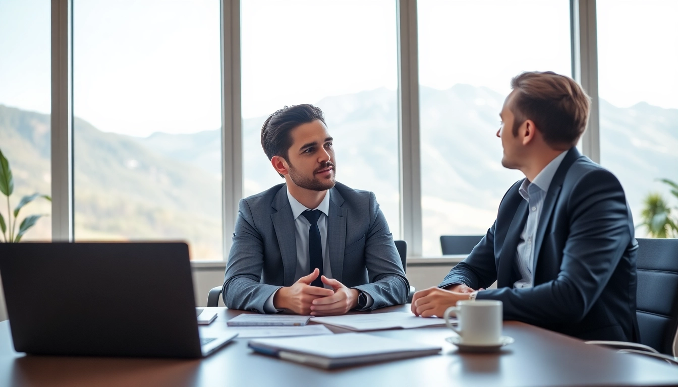 Headhunter Schweiz in professionellem Austausch mit Klient in modernem Büro sehen